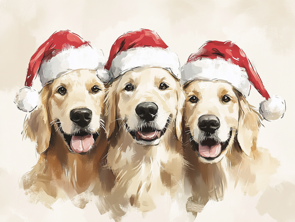 Three Golden Retriever heads in Santa hats, cute illustration.