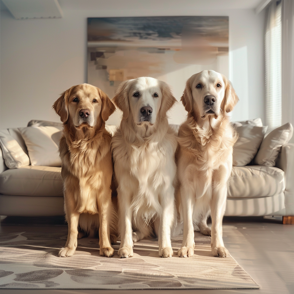 Three Golden Retrievers in Modern Home Stand Together