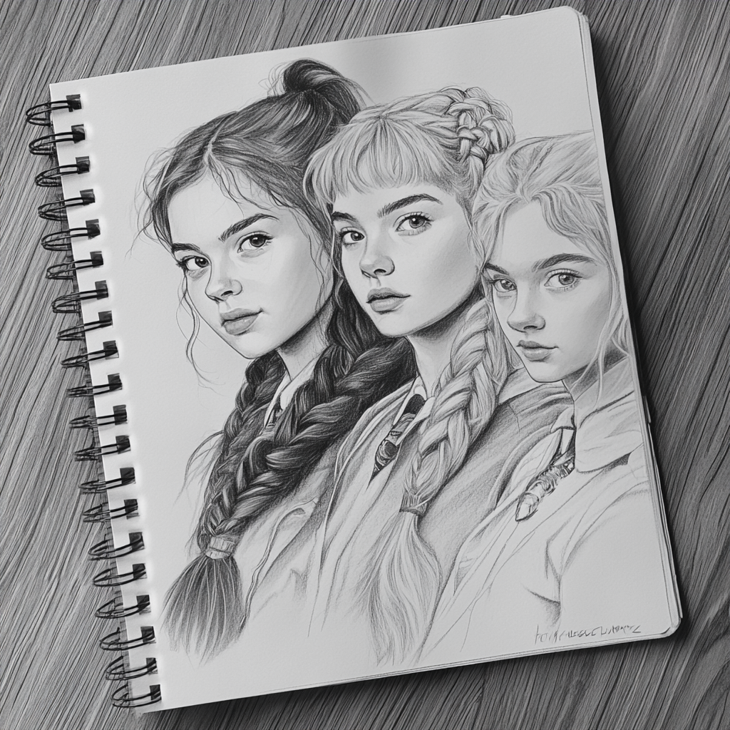 Three Hogwarts Students in a Pencil Sketch