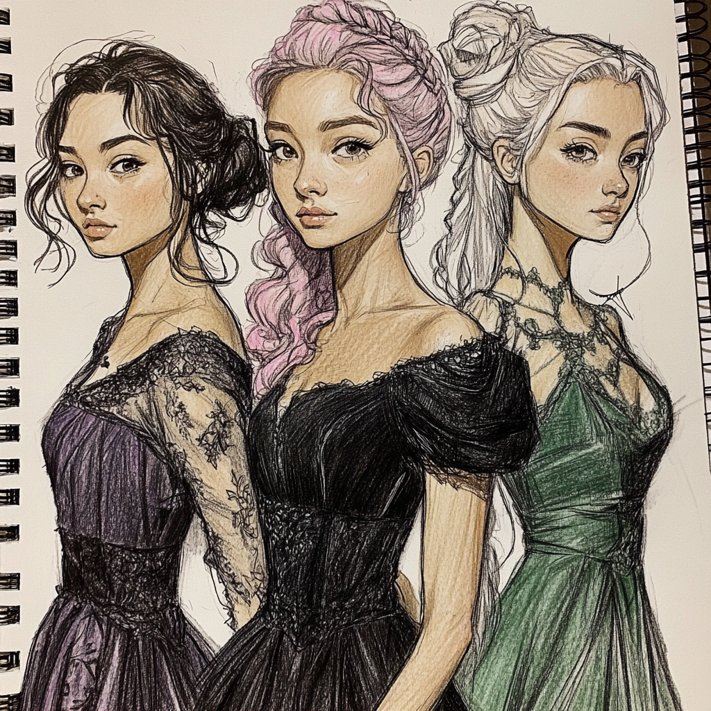 Three Hogwarts students in elegant evening dresses on notebook