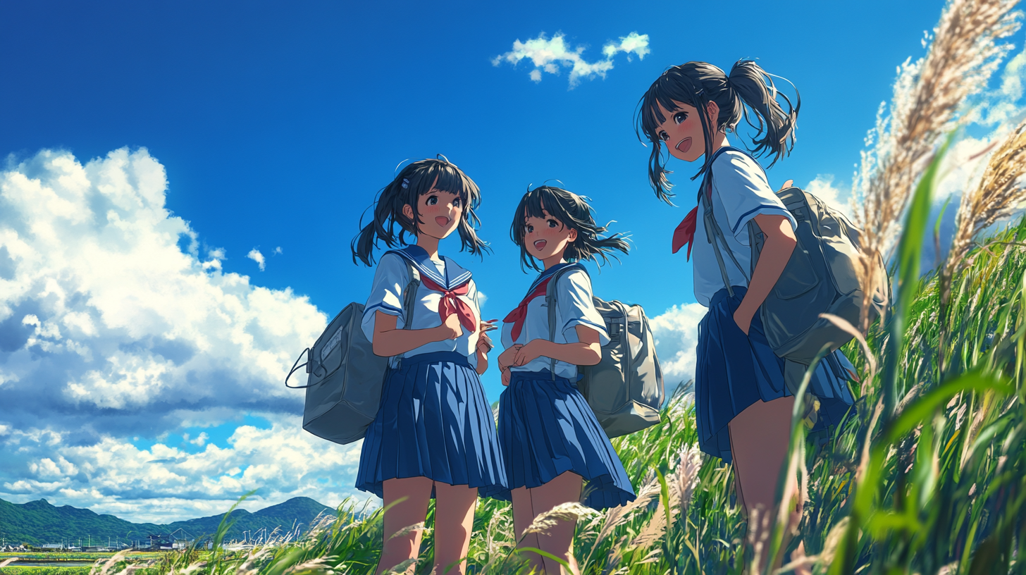 Three Japanese high school girls in traditional uniforms bonding.