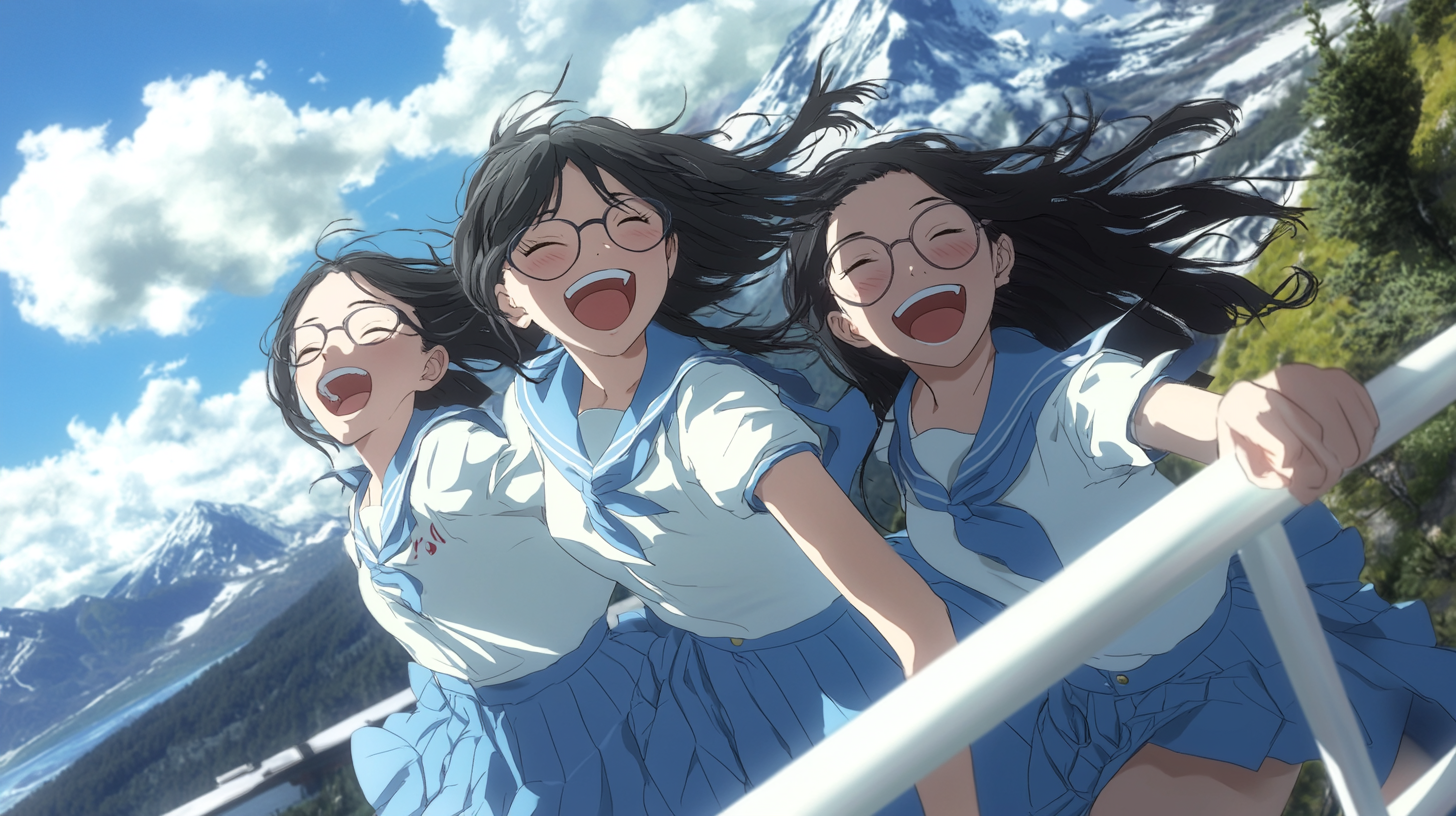 Three Japanese high school girls laughing on rooftop.