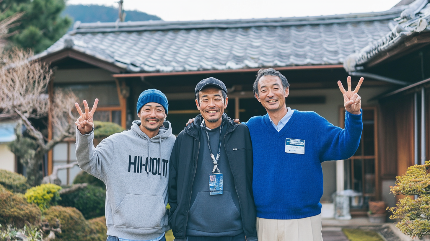 Three Japanese men posing happily with peace signs.