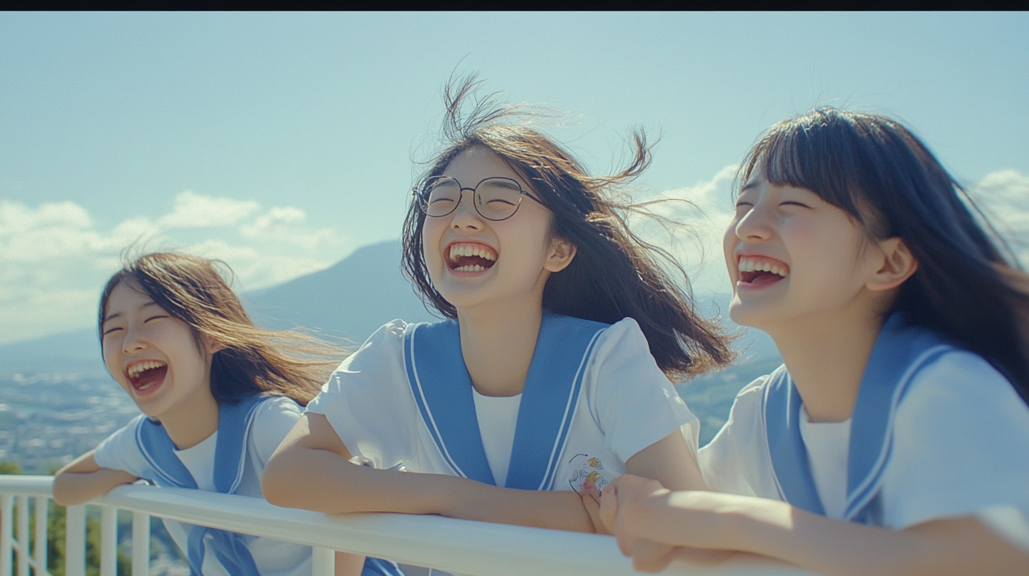 Three Japanese schoolgirls laugh joyfully on rooftop, mountains behind.