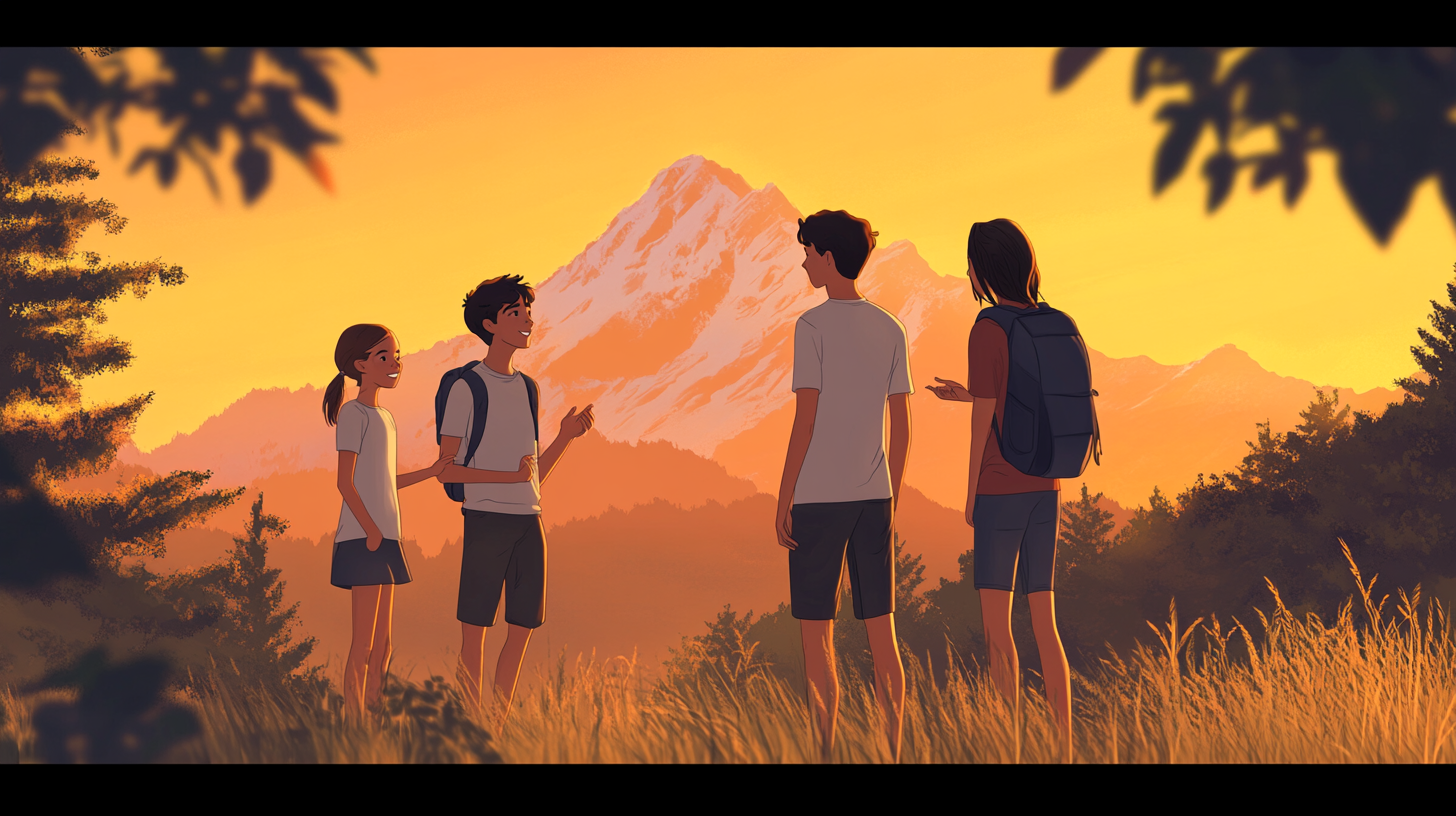 Three Kids Talking by a Mountain in Summer