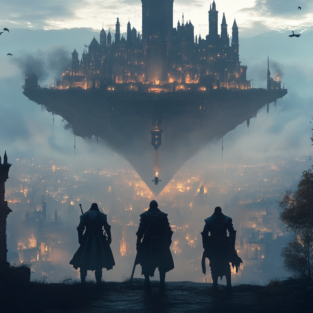 Three Knights Gazing at a Floating Fantasy City