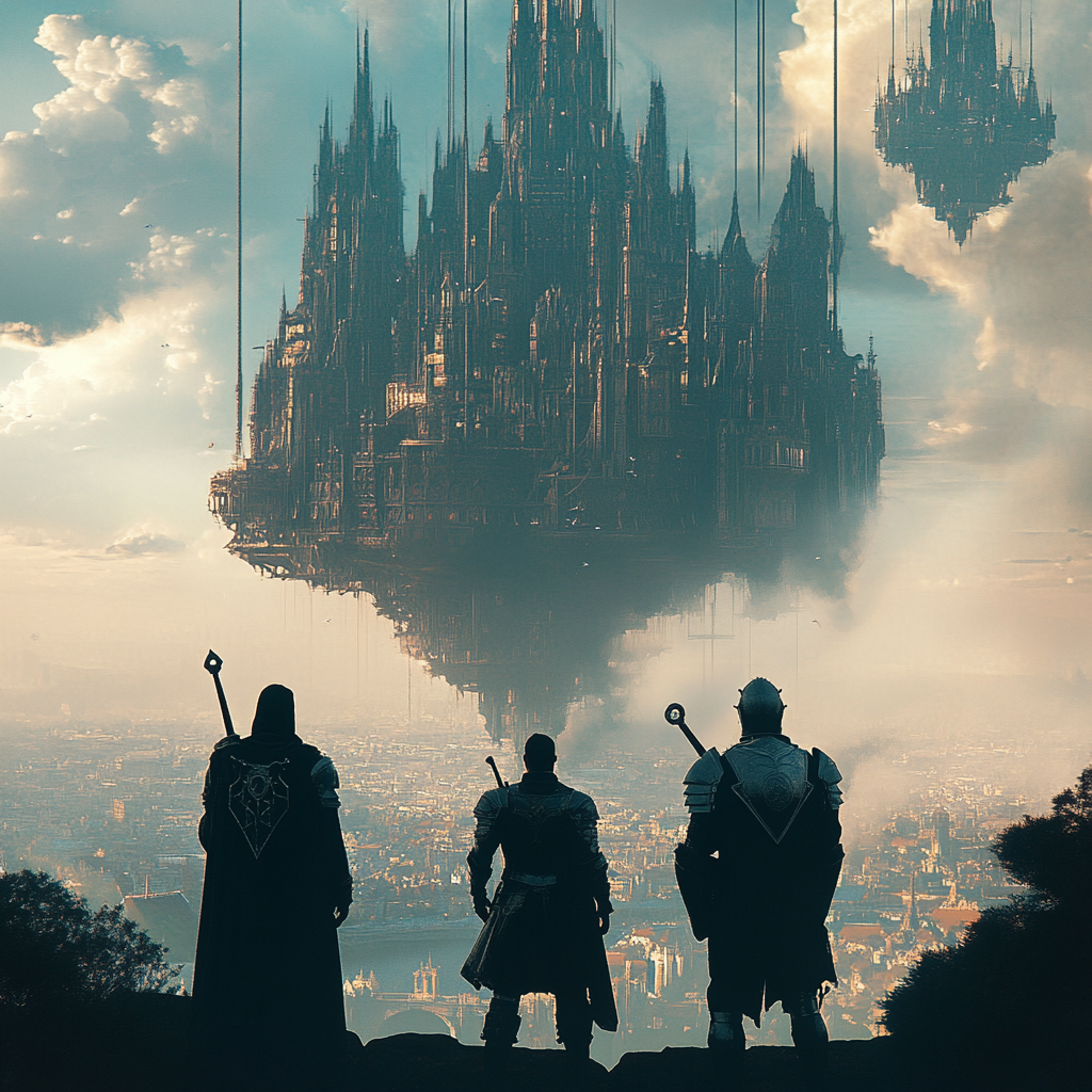 Three Knights Observing a Floating Medieval City