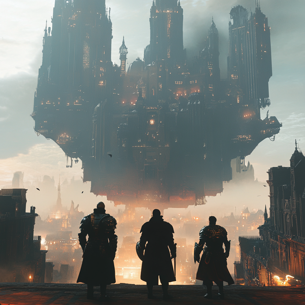 Three Knights Watching a Magical Floating City