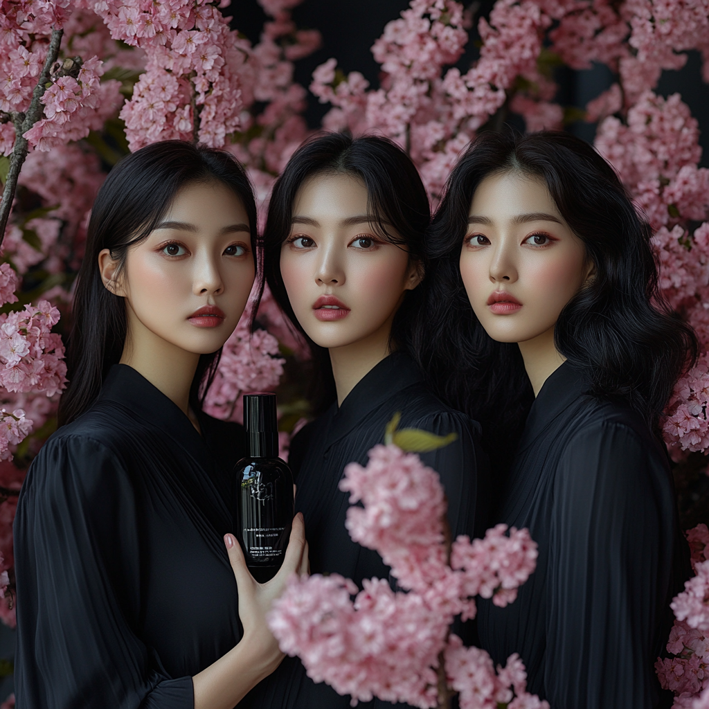 Three Korean models with black cream lotion and sakura