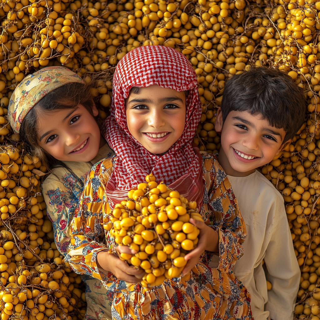 Three Omani Children Happy Among Yellow Dates