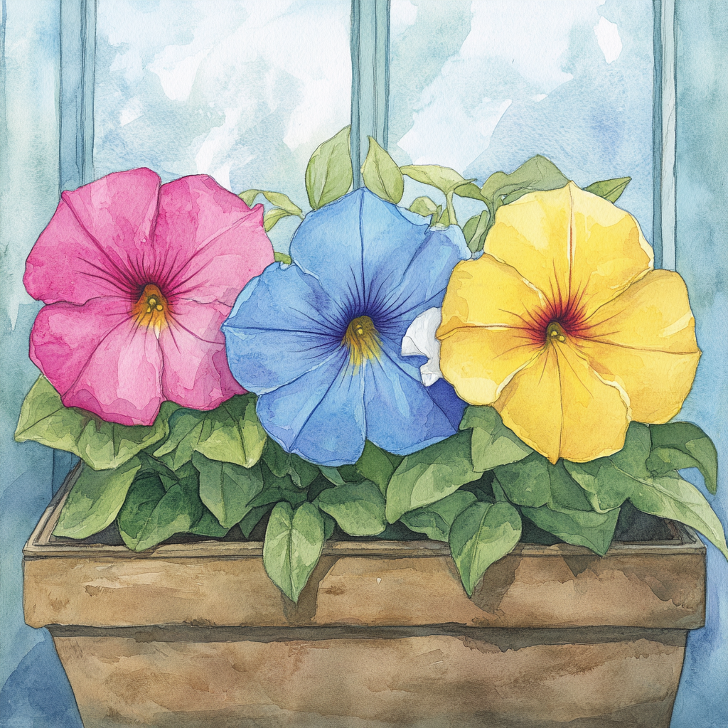 Three Petunias in Planter Box, Storm Damage - Children's Book Style Illustration