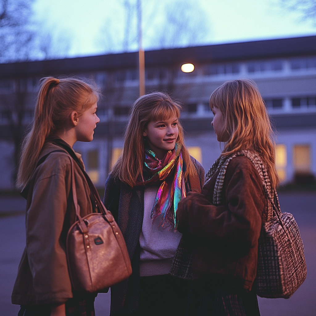 Three Scandinavian Girls Chatting outside School at Night