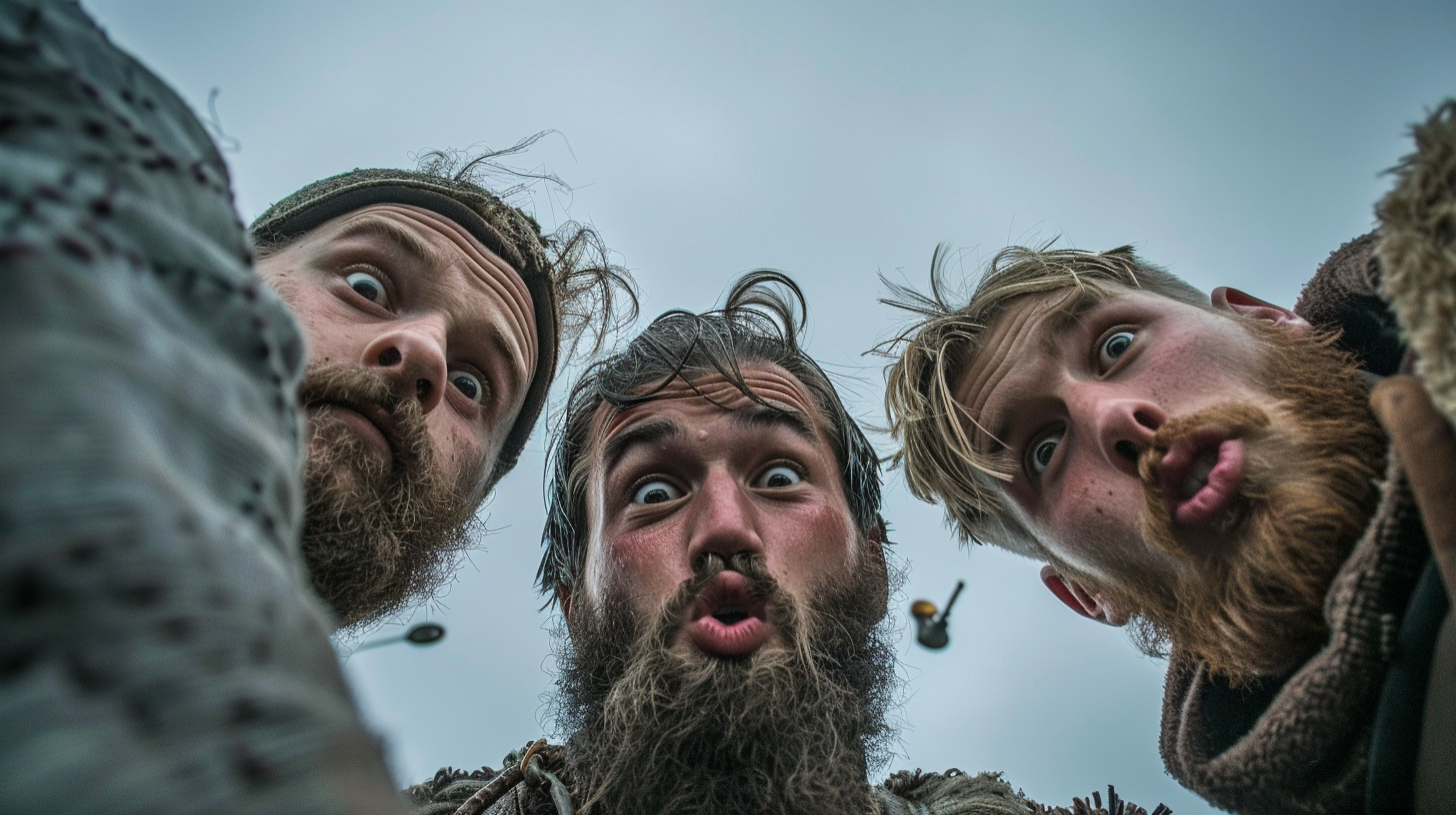 Three Viking Men Confused Outdoors Overcast Sky