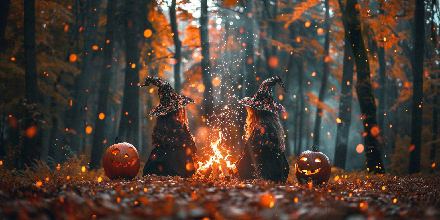 Three Women in Witch Hats at Magical Bonfire