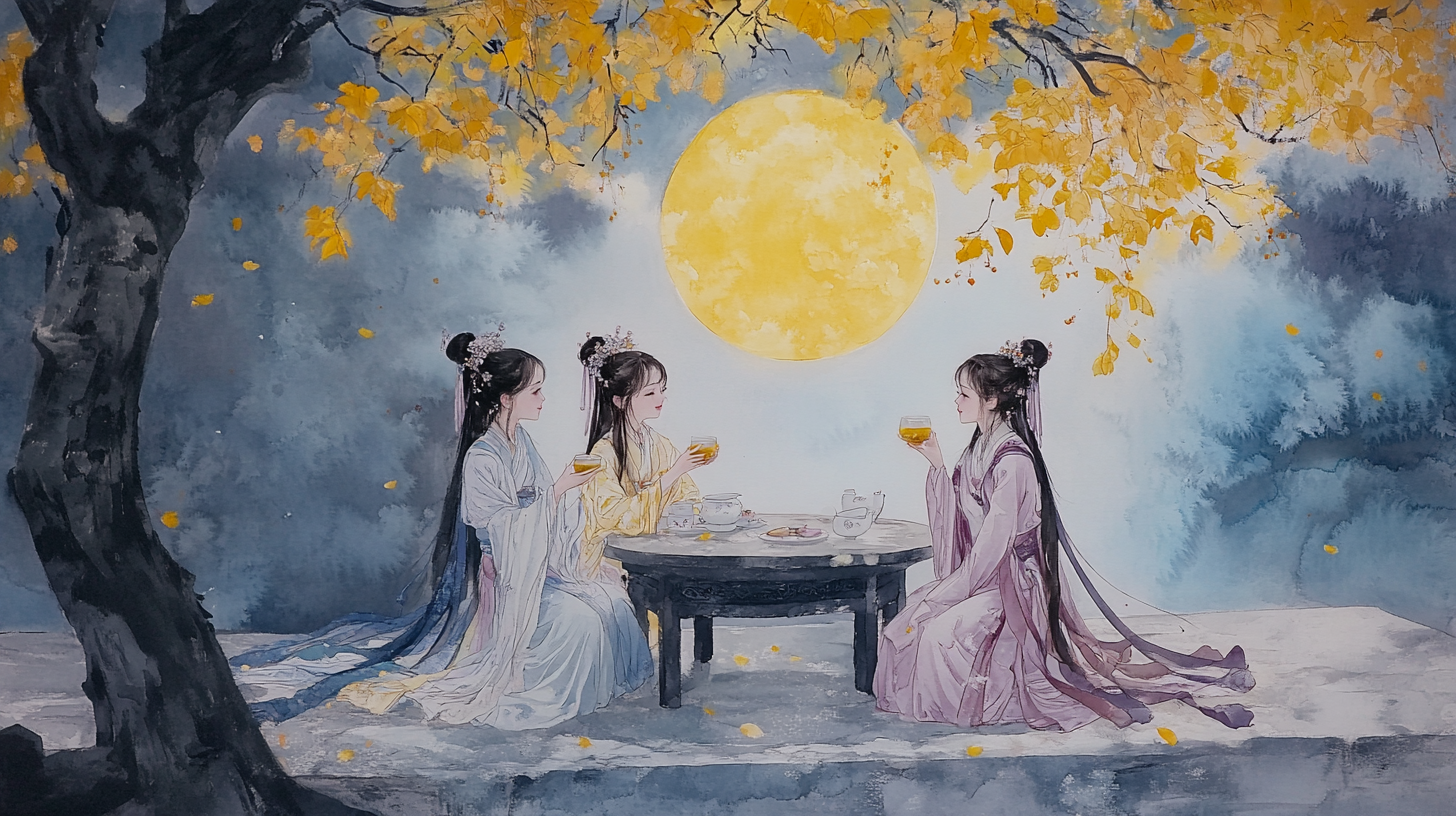 Three Young Girls in Ancient Chinese Costumes Chatting 