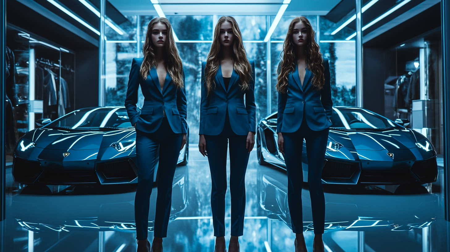 Three beautiful tall girls in elegant blue suits.