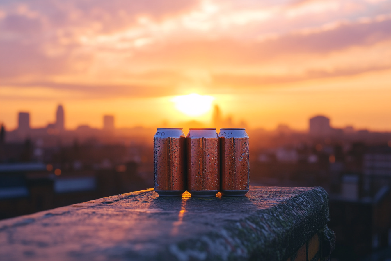 Three beer cans on rooftop ledge at sunset.