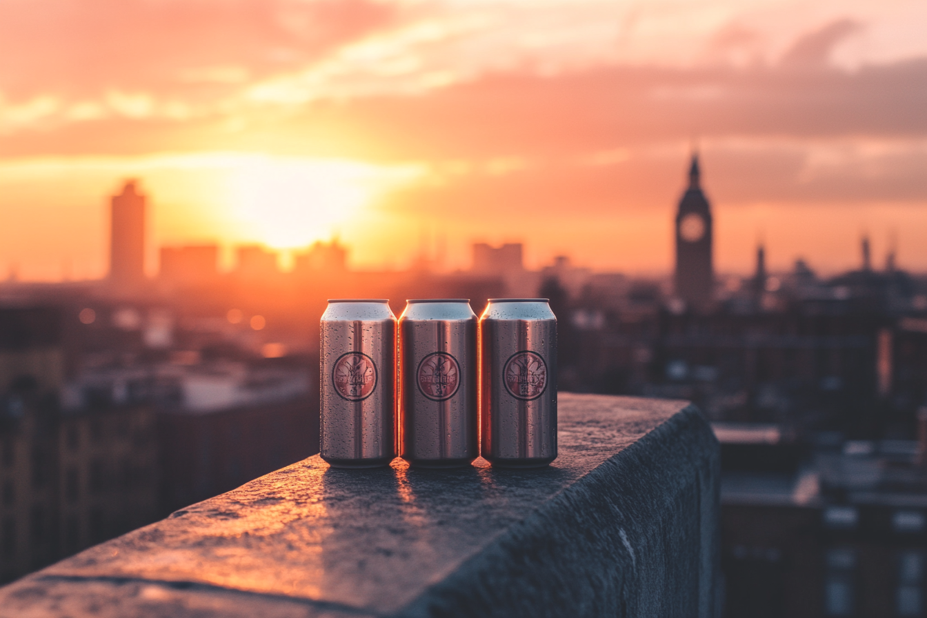 Three beer cans on rooftop looking over London.