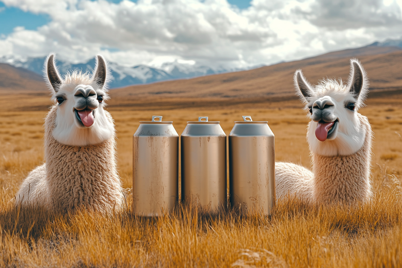 Three big beer cans among goofy llamas in field.