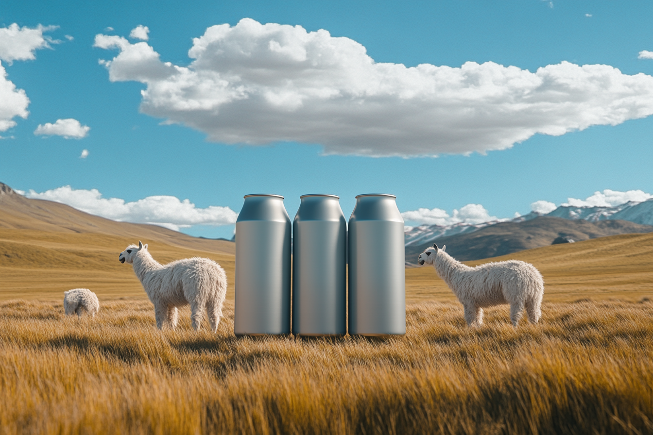 Three big beer cans next to llamas in field.