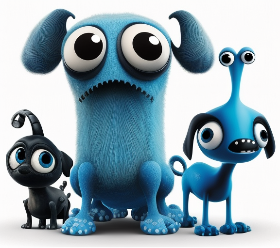 Three blue dog-like creatures with black fur cartoon-style.