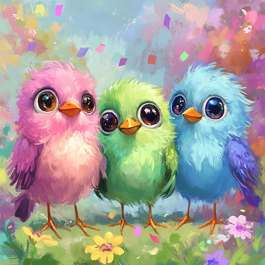 Three colorful fluffy birds in playful digital painting.