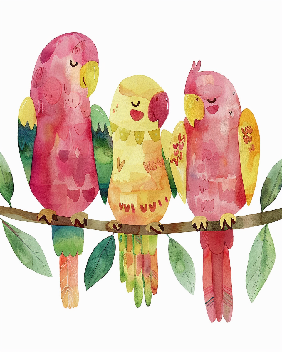 Three colorful parrots on branches in watercolor style