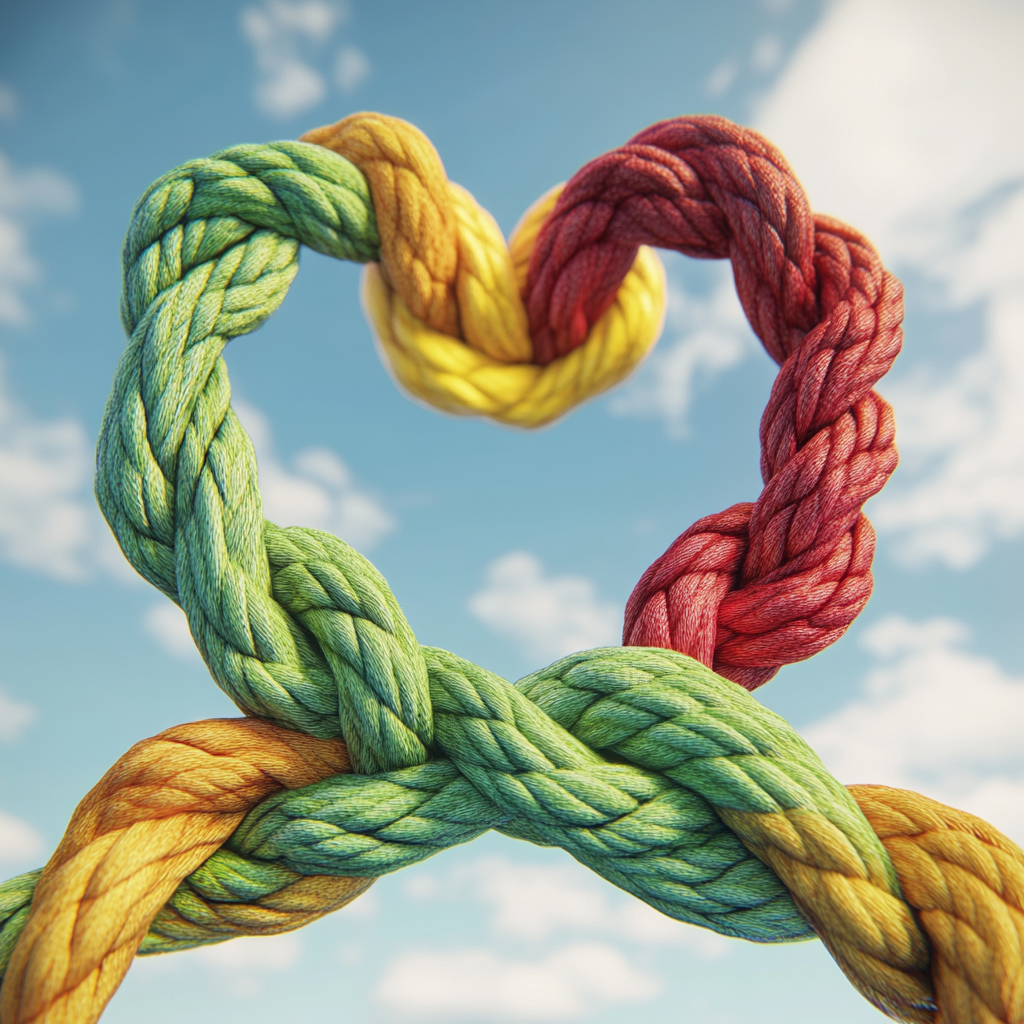 Three colorful ropes create heart in sky