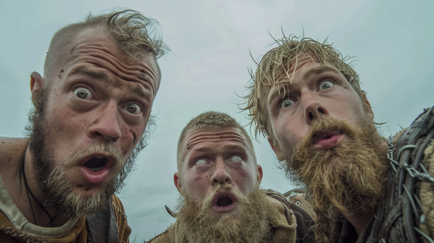 Three confused Viking friends posing for camera outdoors