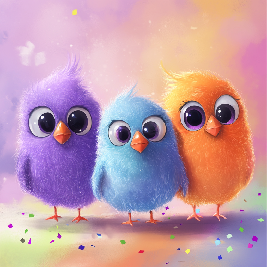 Three cute colorful birds under a rainbow