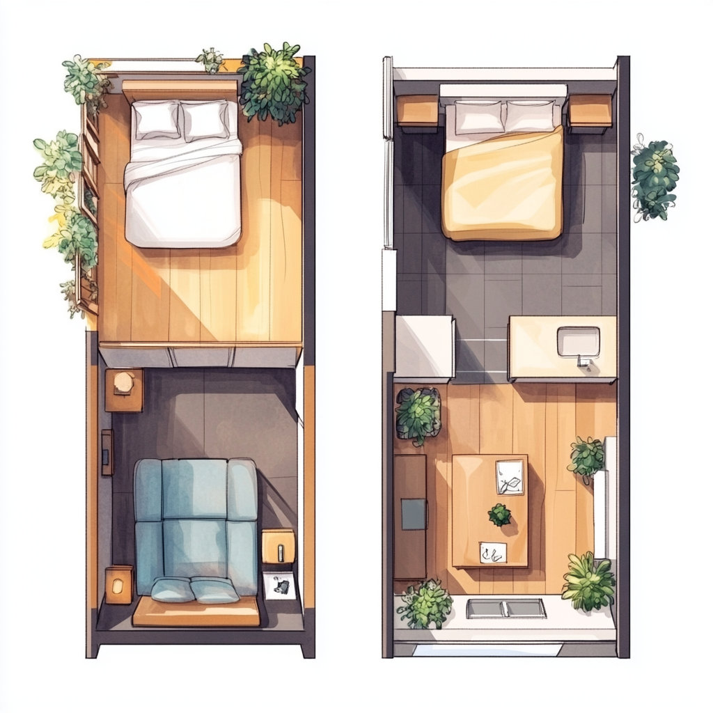 Three different floor plans, two bedrooms and salon.