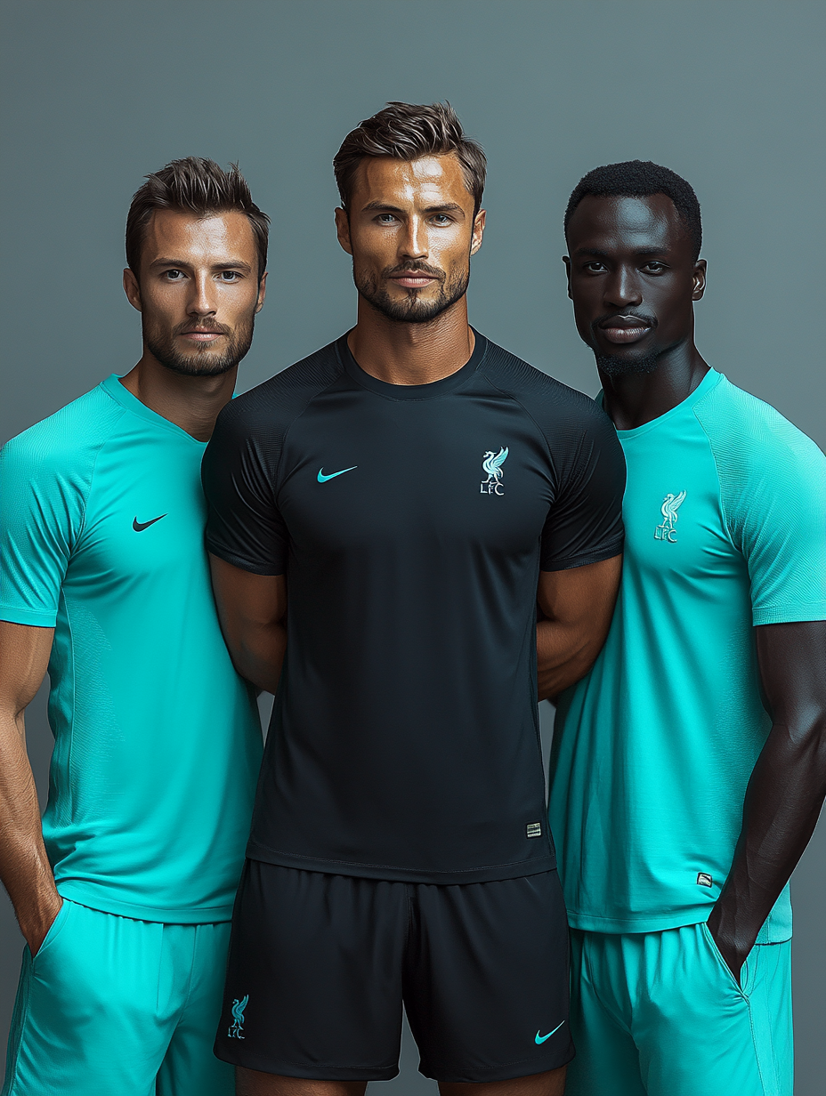 Three diverse male soccer players in cyan and black jerseys on grey background