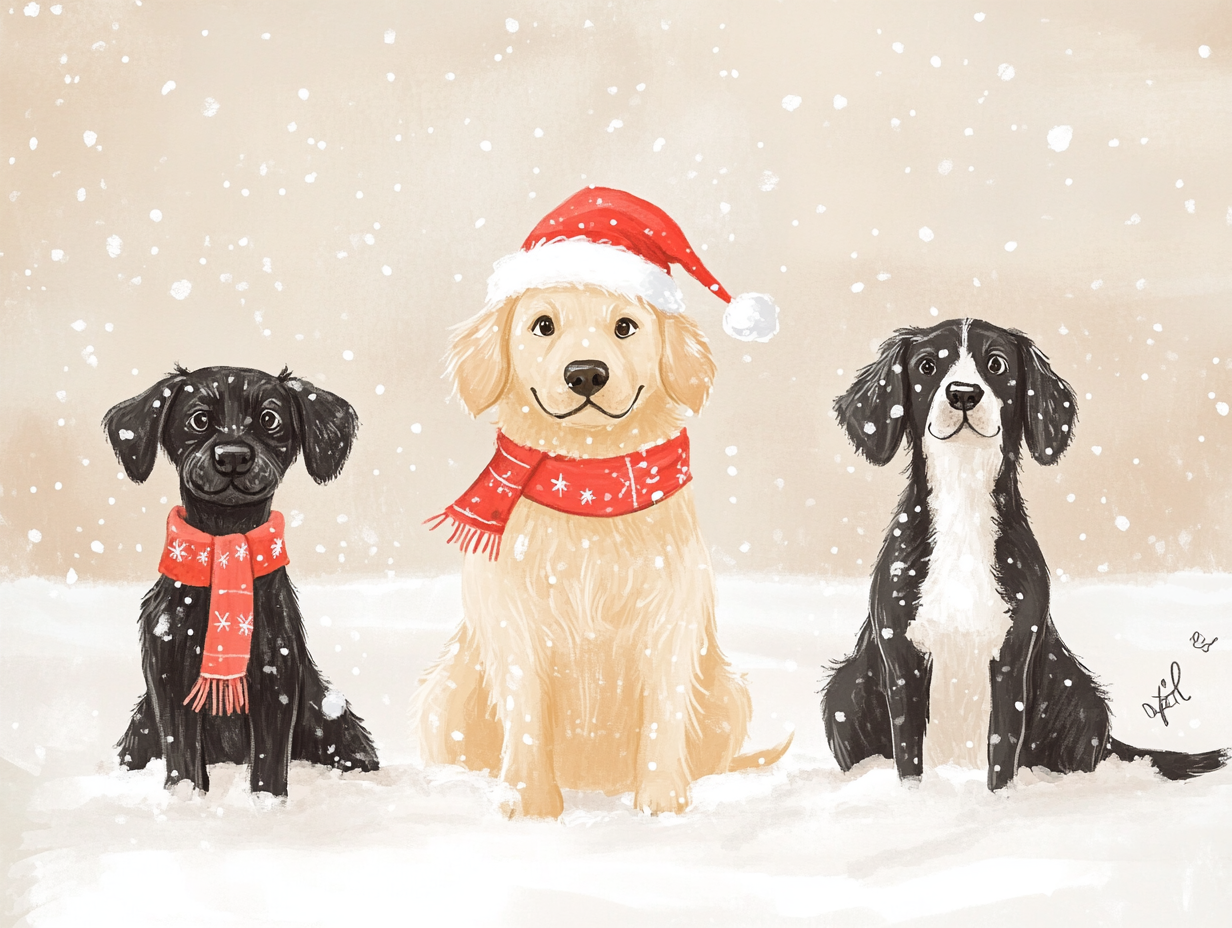 Three dogs with Santa hat and scarf in snow.