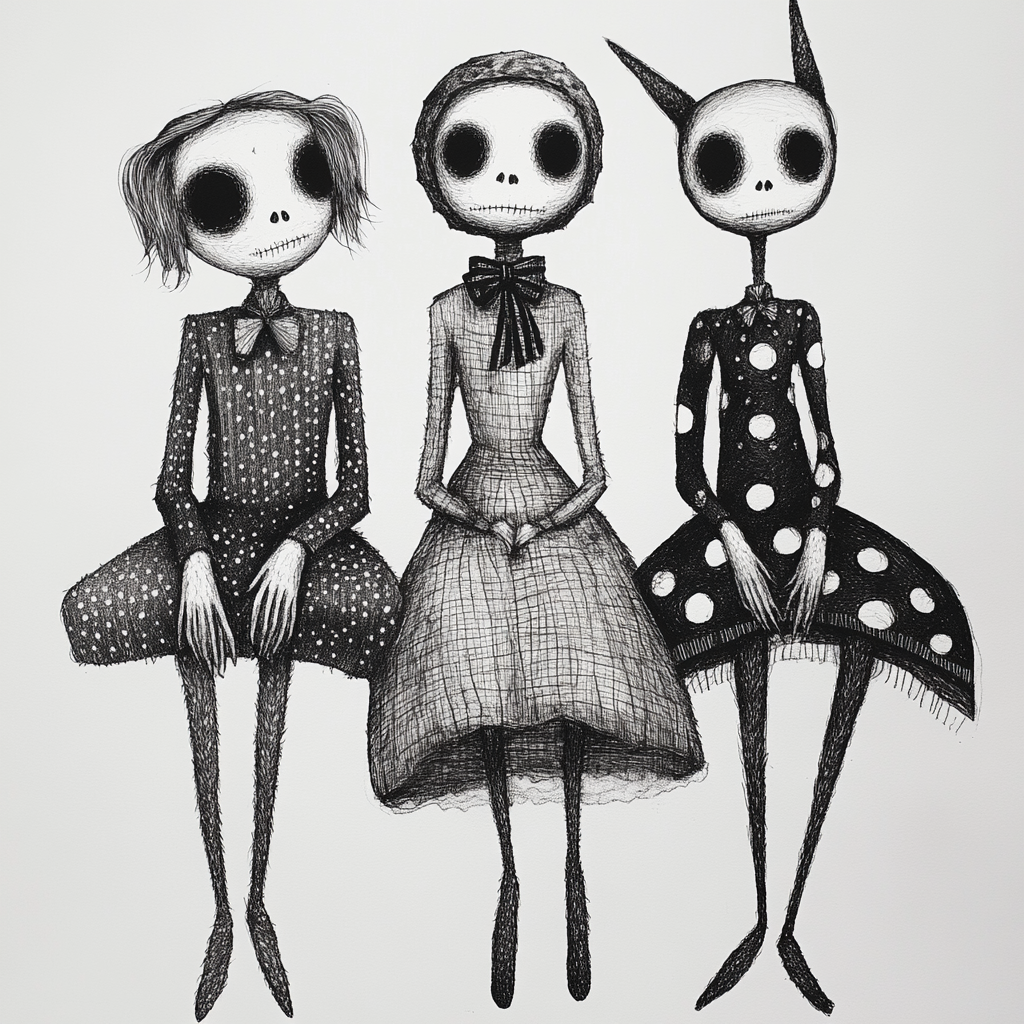 Three eerie doll-like characters wearing polka-dot outfits.