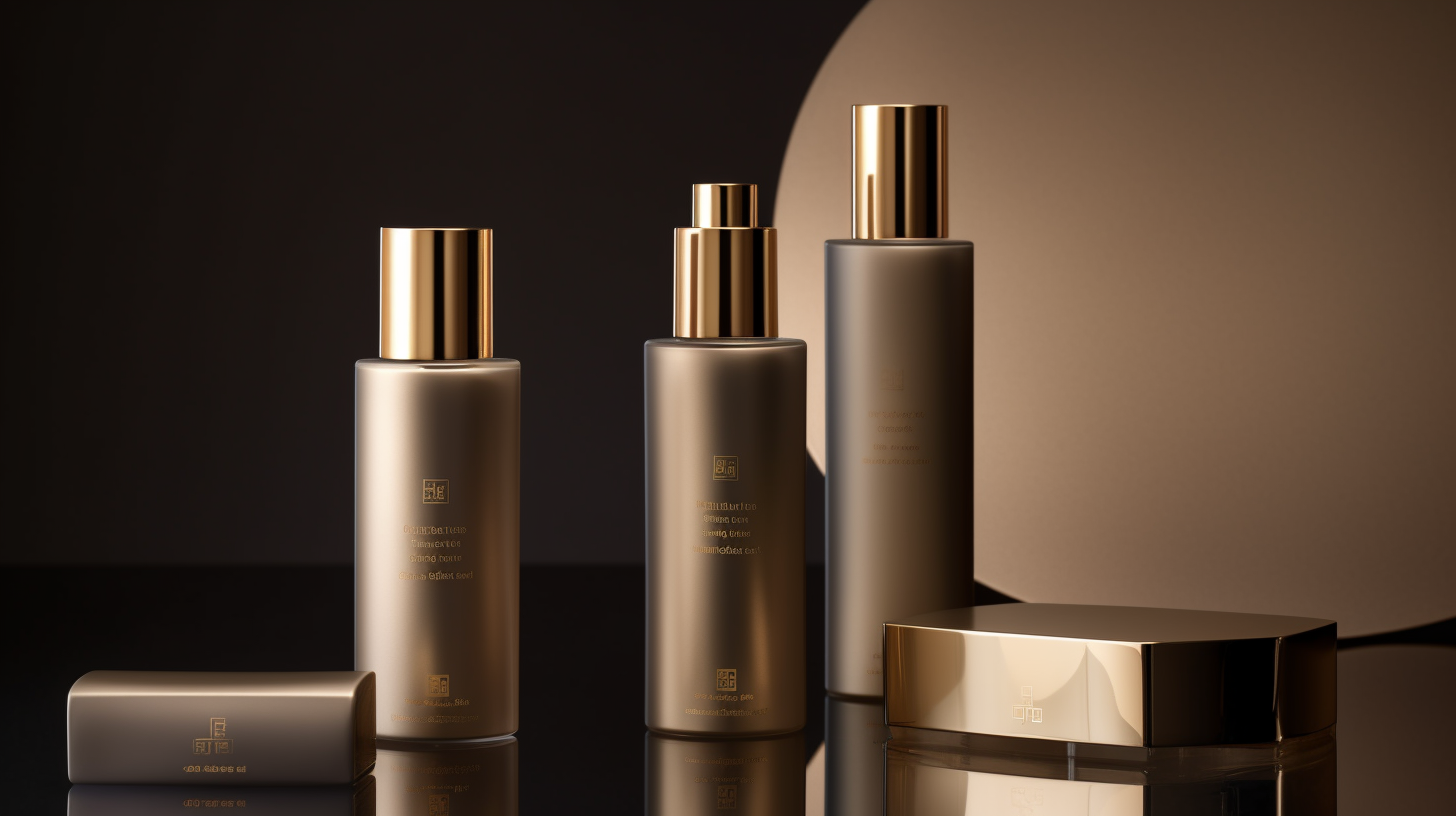 Three elegant skincare bottles with golden accents