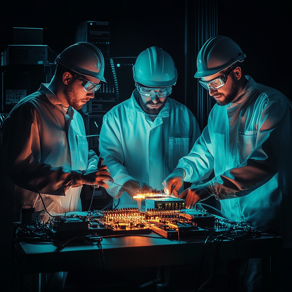 Three engineers, computers, configuring access point, coordinating inventory.