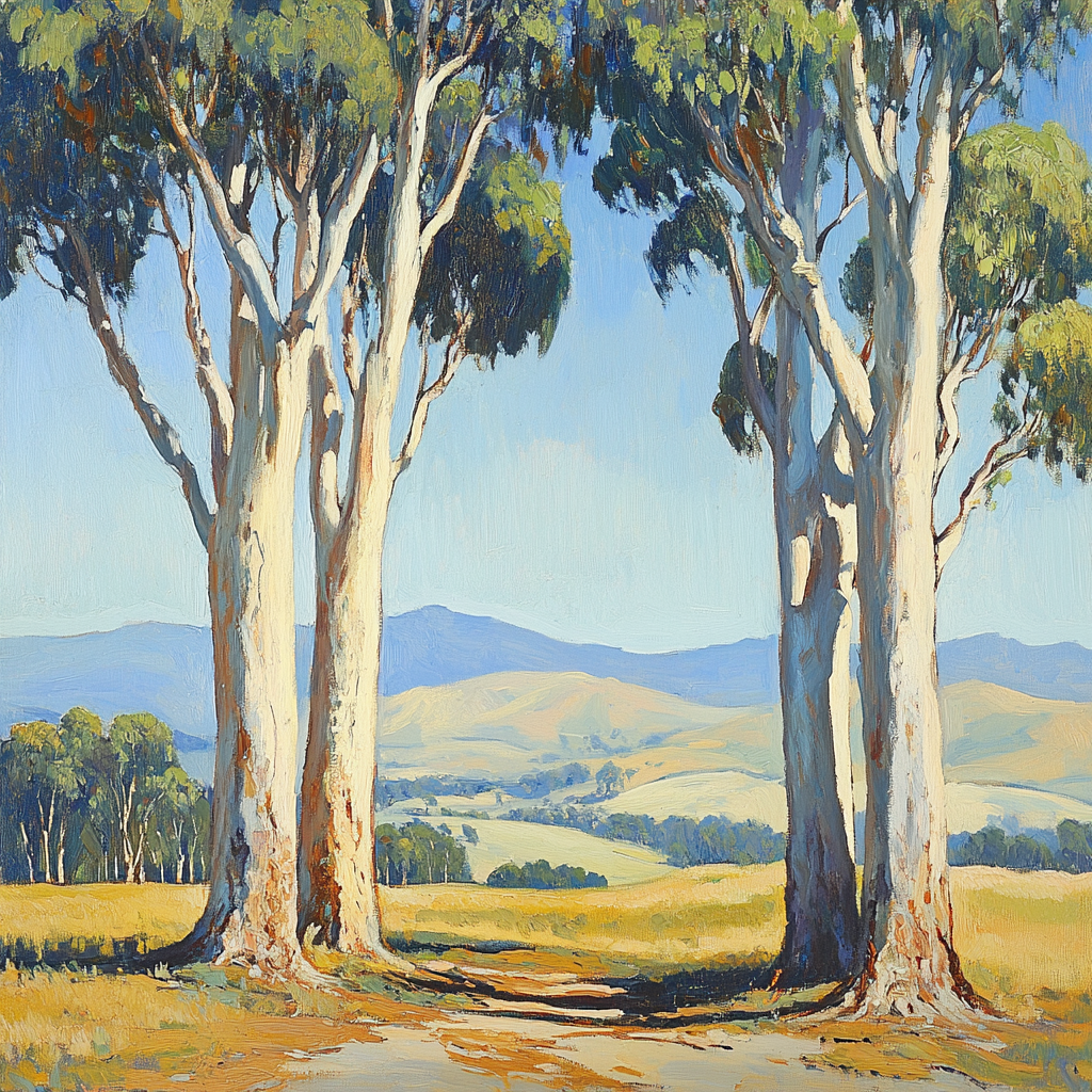 Three eucalyptus trees in Maynard Dixon style painting.