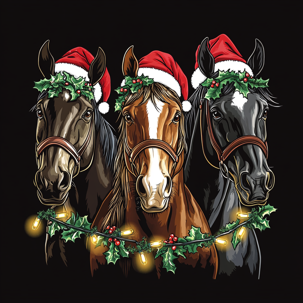 Three festive Morgan horses with Christmas decorations