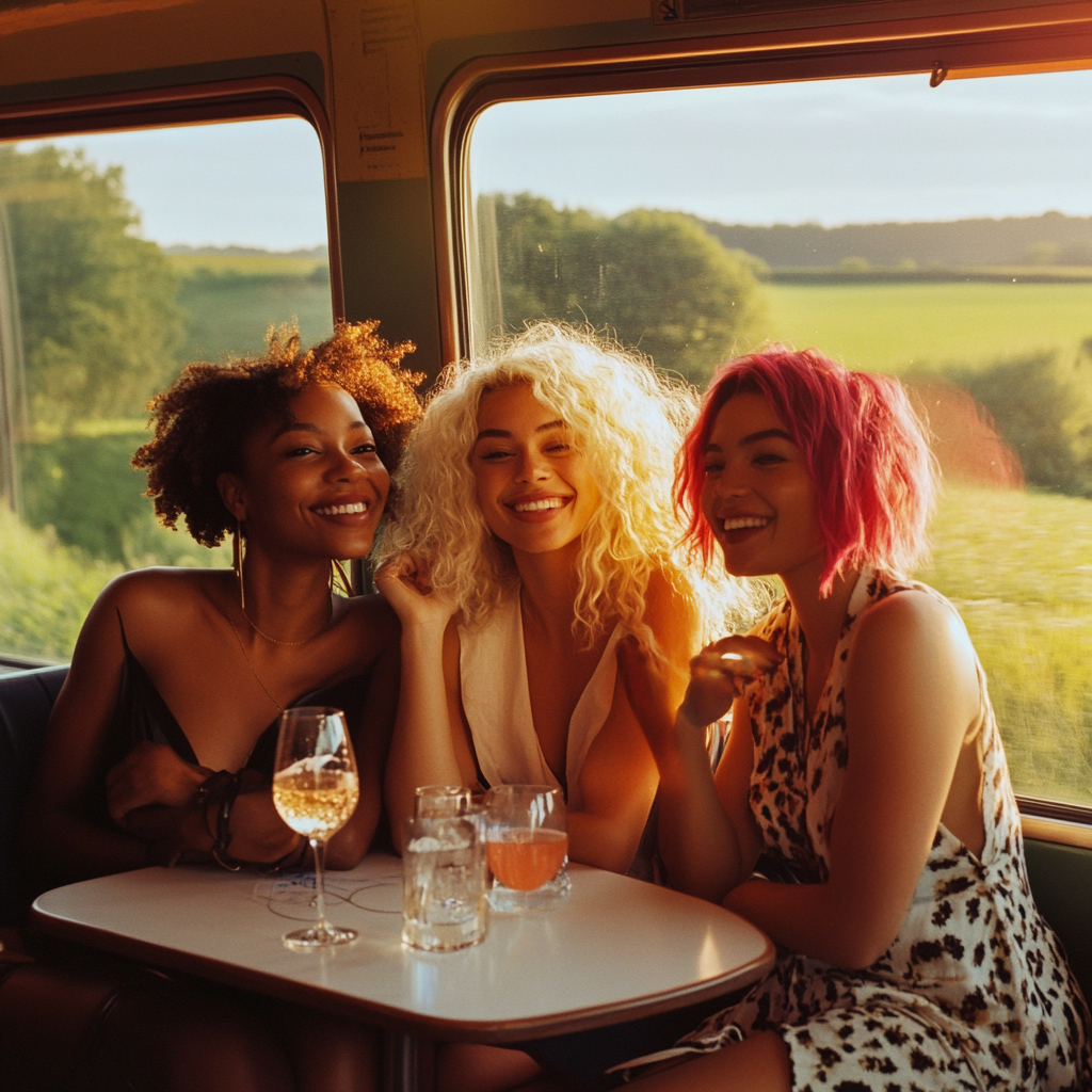 Three friends drinking wine on a sunny train.