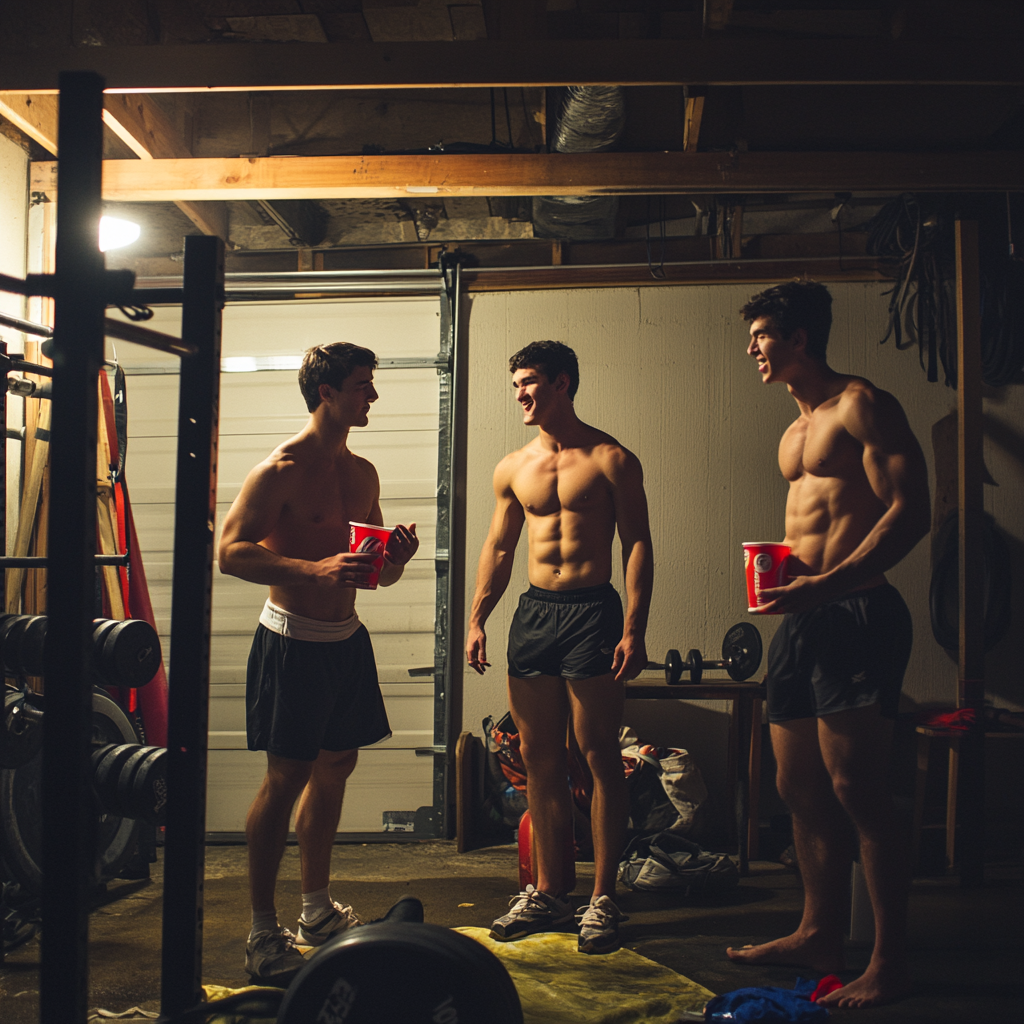 Three friends enjoying drinks and lifting weights late night