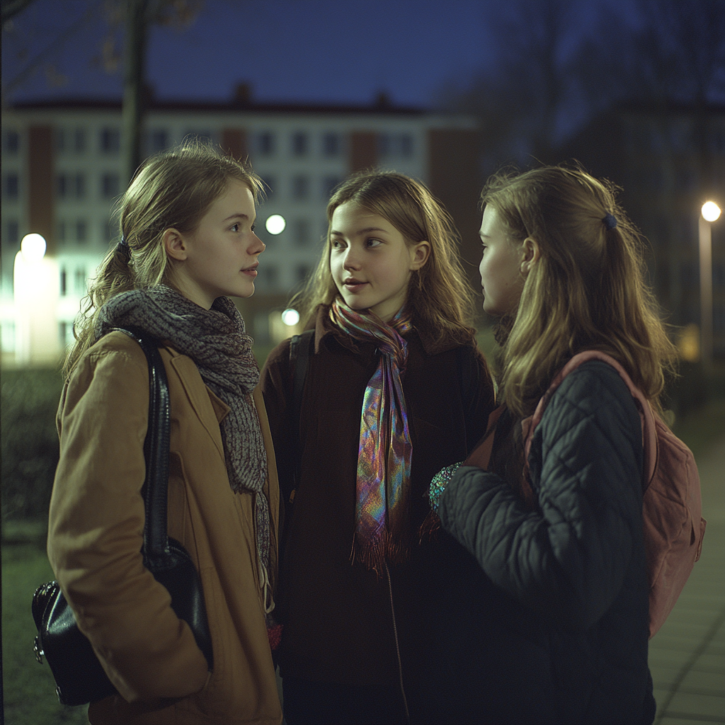 Three girls chat outside school at night