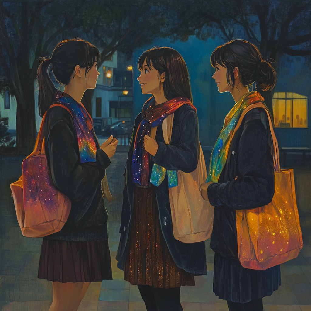 Three girls chatting outside school at night