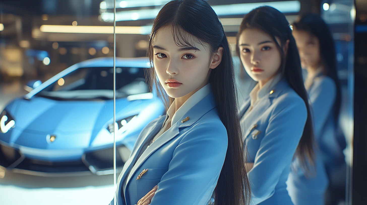 Three girls in blue suits look at lamborghinis.