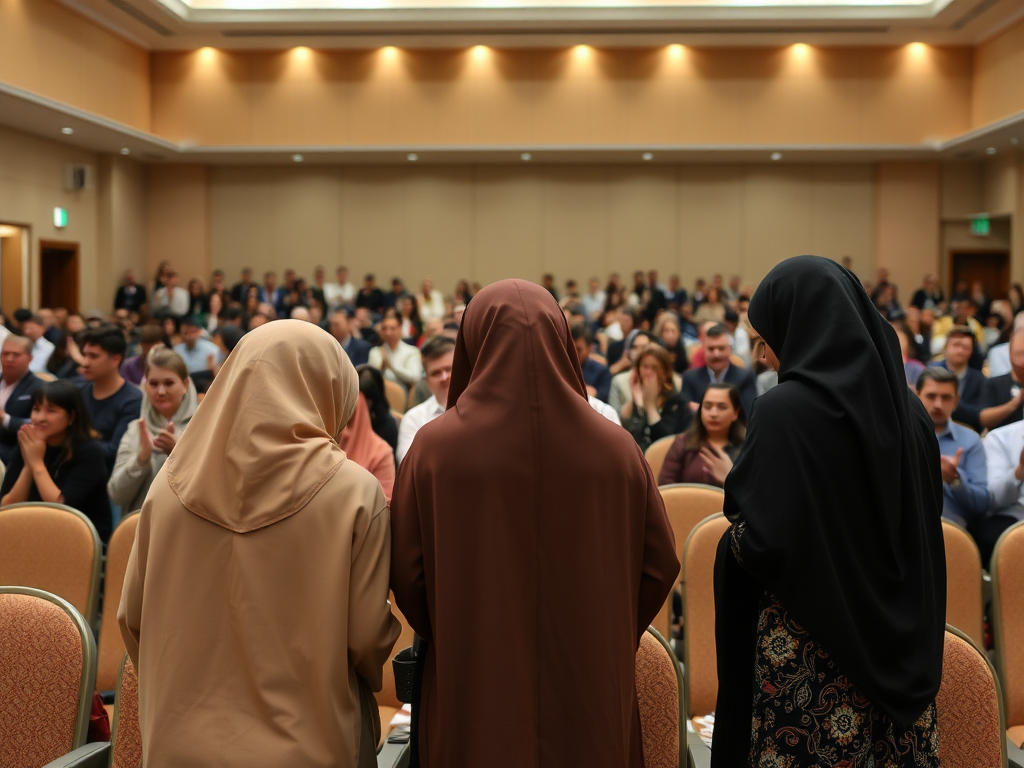 Three girls in hijabs bow at conference's end.