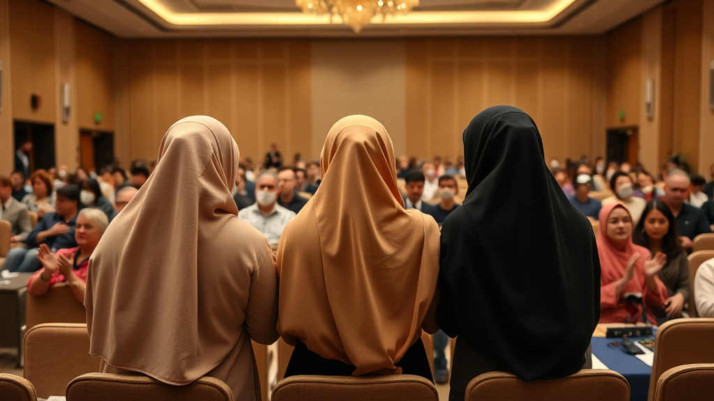 Three girls in hijabs bow to audience.