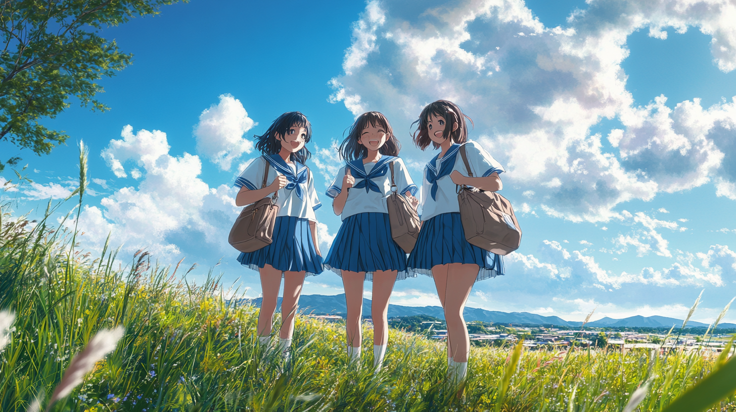 Three happy Japanese girls in traditional school uniforms.