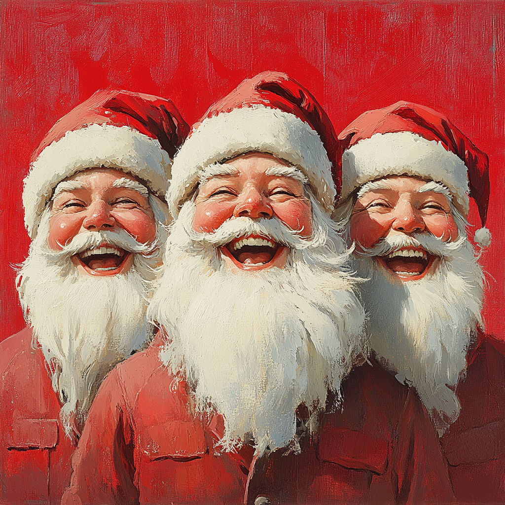 Three happy Santa faces on Christmas card