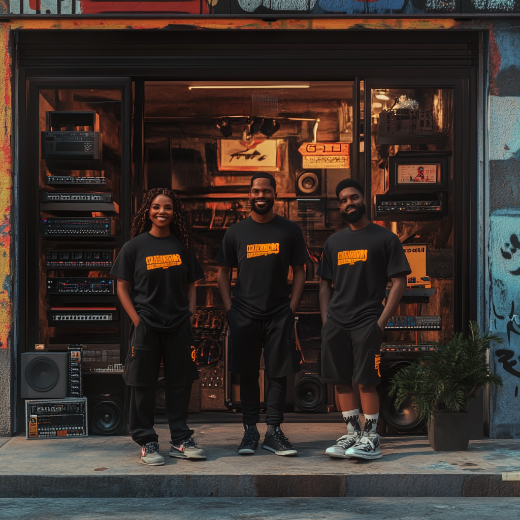 Three happy individuals outside a black storefront studio.