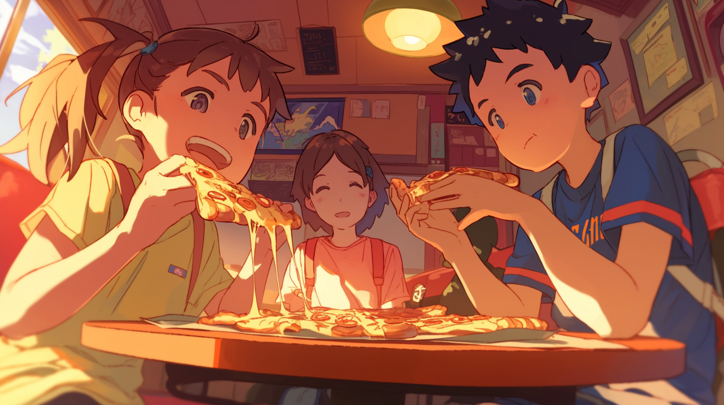 Three happy kids share pizza in a parlor.