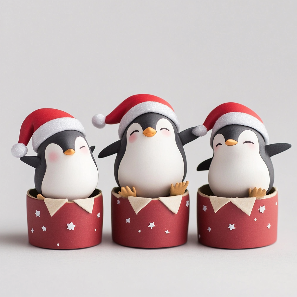 Three happy penguins play in Christmas present